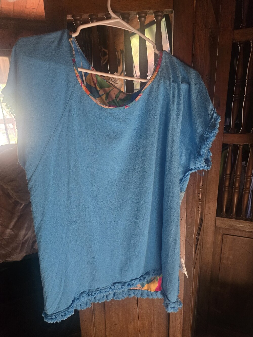 Umgee  Blue Women's Short Sleeve Tunic with Fringe Trim